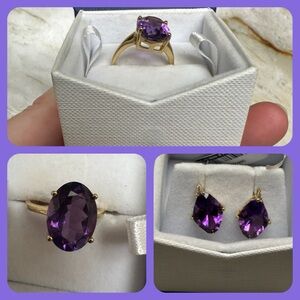 Genuine Amethyst Gold Earrings + Ring size 7